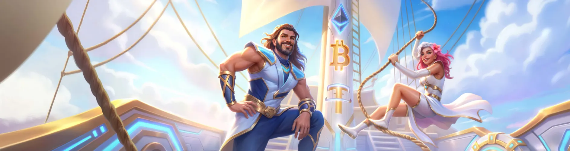 Two heroes on a sailing ship surrounded by crypto symbols